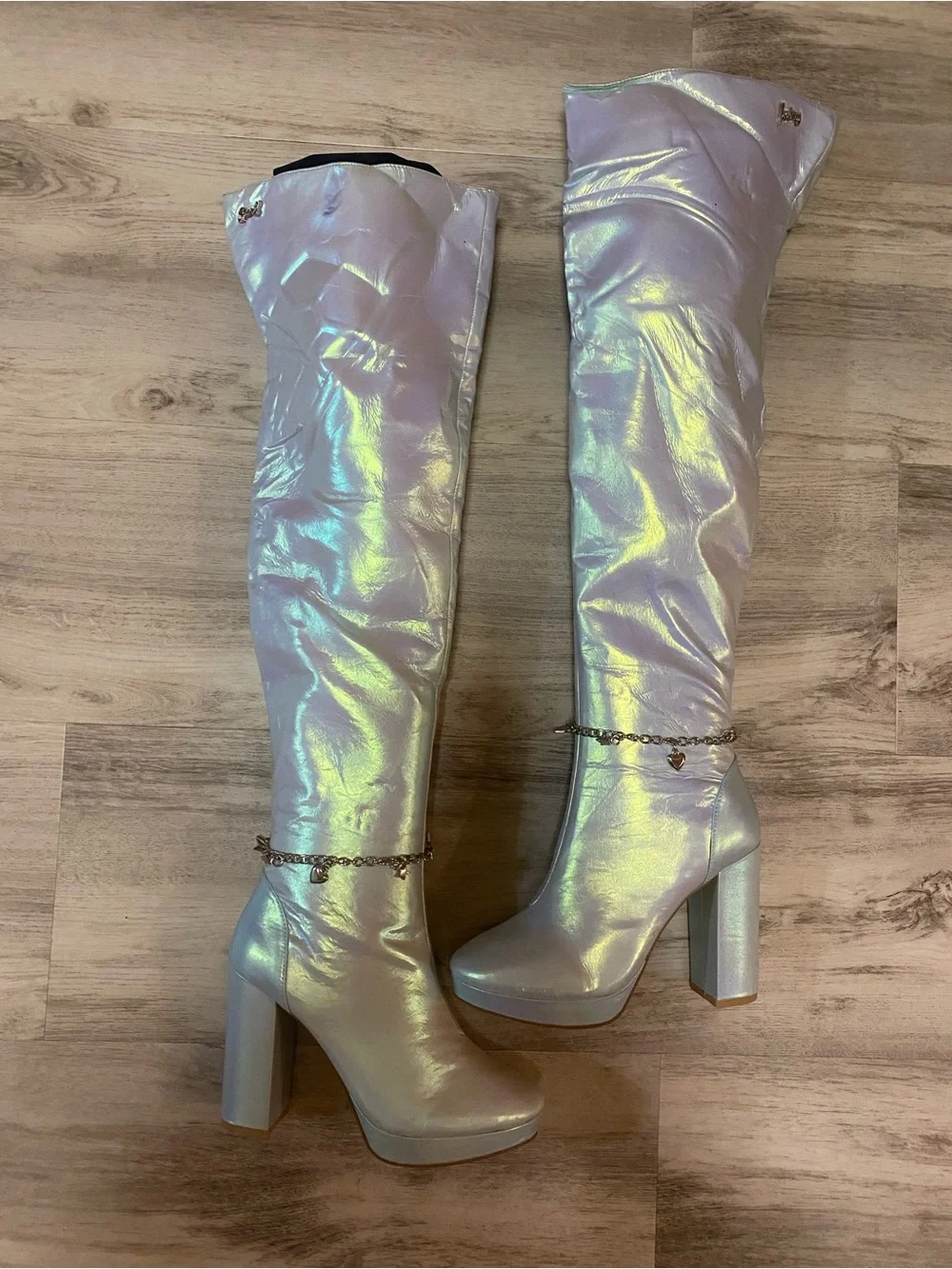 Sparkl Fairy Couture Iridescent Knee-High Platform Boots with Heart Chain- NWT